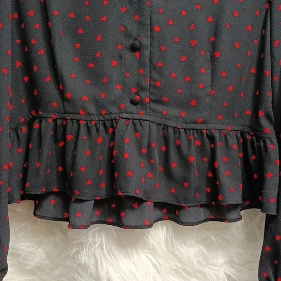 Red Hearts Sheer Black Red Cropped Balloon Sleeve Valentine's Day … - Picture 4 of 5